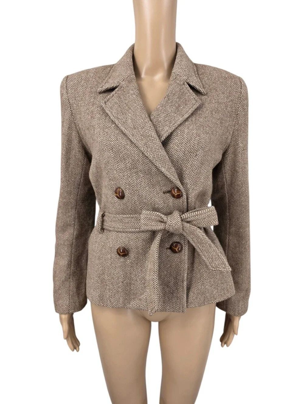 Vintage Wool Blend Tailored Brown Herringbone Double-Breasted Belted Jacket
